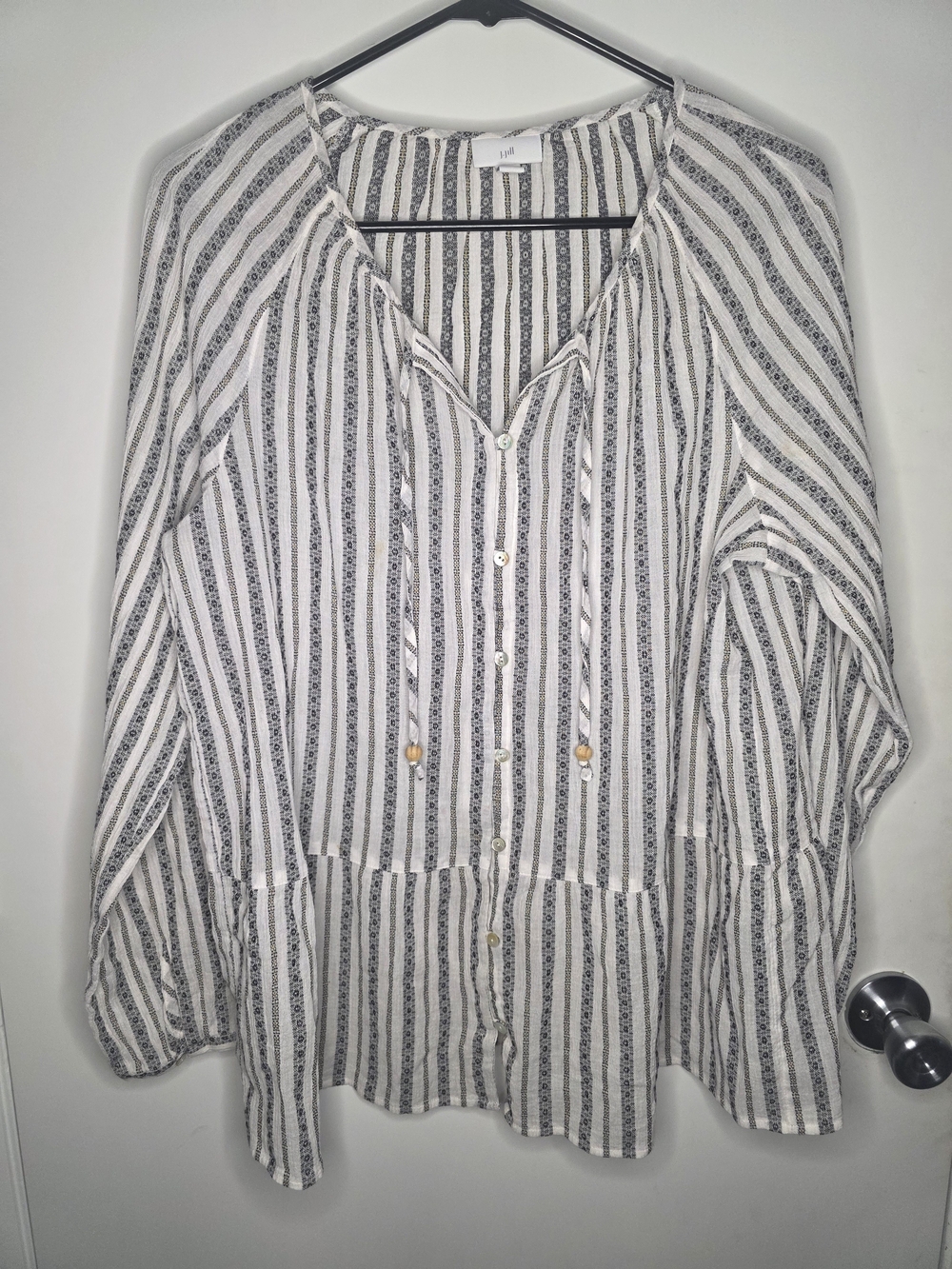 J. Jill White and Black Striped Button-Front Peplum Tunic Top-L